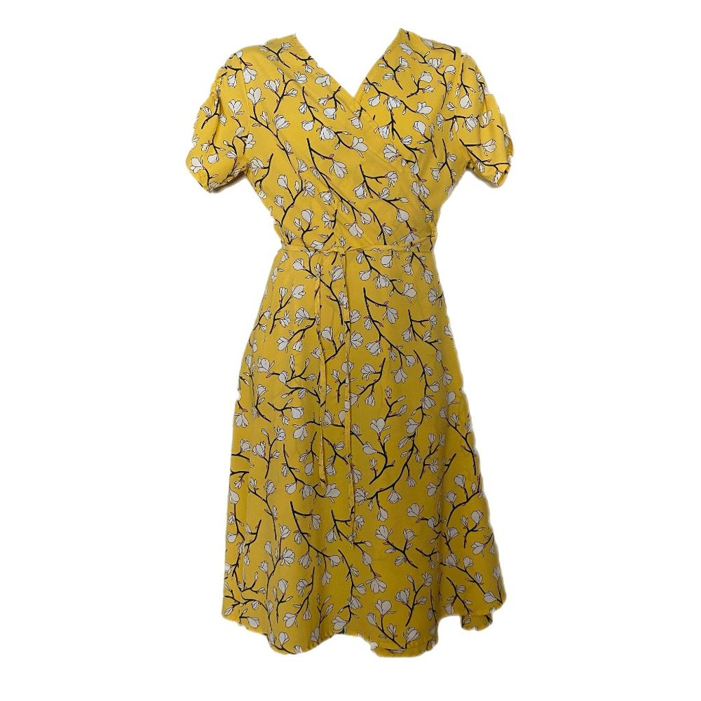 Sucrefas Cyanine Yellow Floral V-neck Wrap Dress Size Large